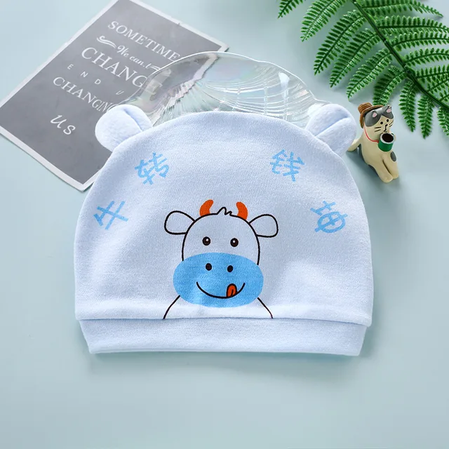 Four Seasons Kids Newborn Baby Hats 100% Cotton Cap 40 Color Cartoon Cute Printed Hat Suitable for 0-12 Months Baby Accessories Niu Niu  blue