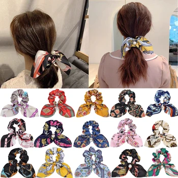 

Ruoshui Woman Chiffon Printed Hair Ties Pearl Scrunchies Fashion Hair Accessories Girls Rubber Band Hair Ornaments Rope Headwear