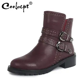 

Coolcept Ankle Boots For Women Fashion Rivets Buckle Flats Shoes Women Autumn Winter Comfort Party Short Boots Size 34-42