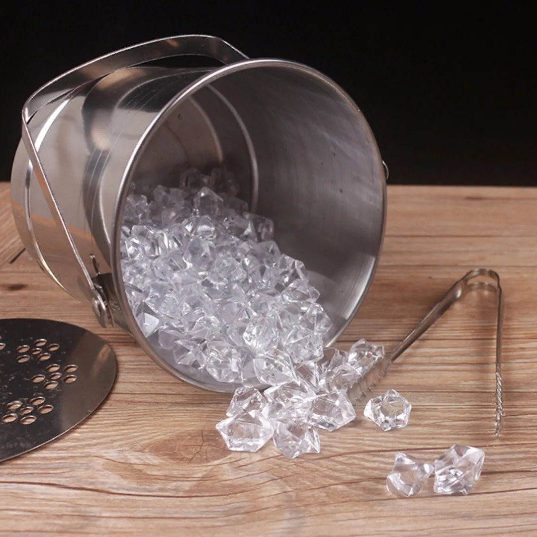 

1L Ice Cube Container Stainless Steel Ice Bucket Wine Barrel Container with Tweezer and Lid Ice Container