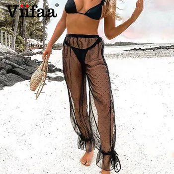 

Viifaa Polka Dot Mesh Transparent Casual Beach Pants Women 2020 Summer Elastic Waist Party Sexy Ladies Trousers