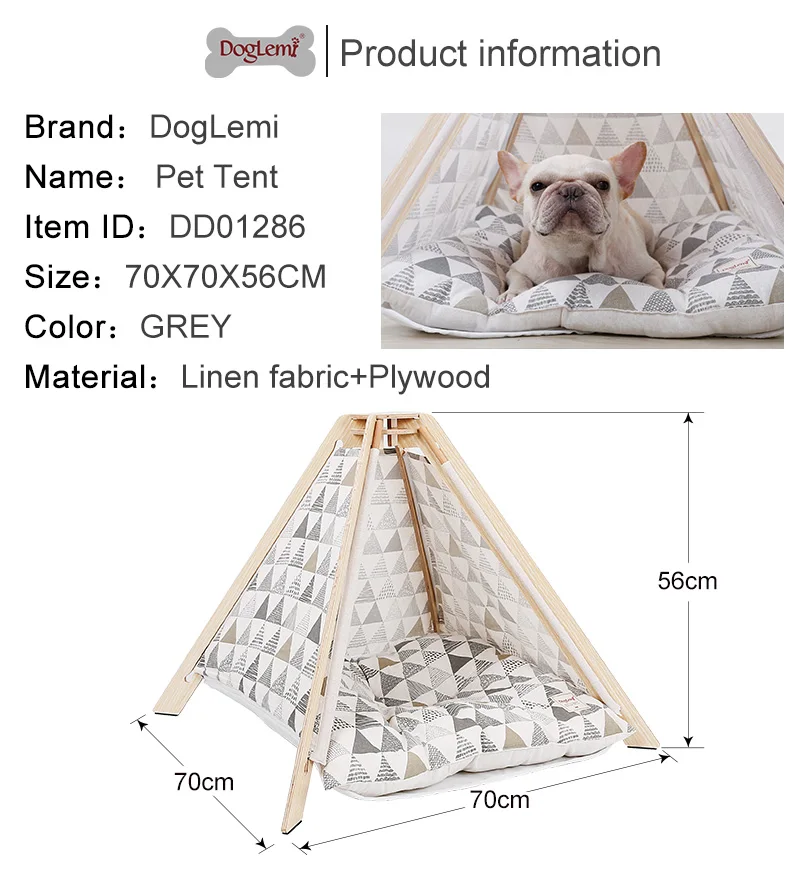 Doglemi Nature Canvas Pet Teepee Tent Wood Tipi Dog Cat House
