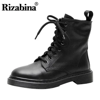 

RIZABINA Women Ankle Boots Real Leather Solid Color Lace Up Flats Shoes Round Toe Casual Woman Winter Warm Footwear Size 33-42