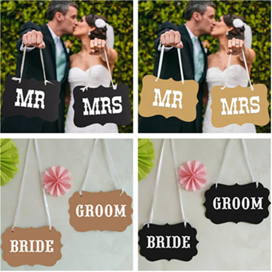 

2pcs/set Wedding Decoration Chair Signs Mr&Mrs Bride&Groom Paper Flag Board+Ribbon Sign Photo Booth Props Garland Bridal Banner