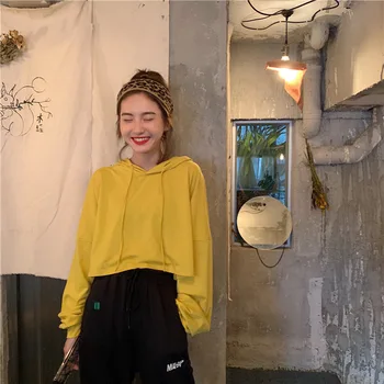 

2020 Autumn New Arrival Korean Style Wild Loose Solid Color Hooded Short Sweatershirt Long-sleeved Sweatshirt Free Shipping