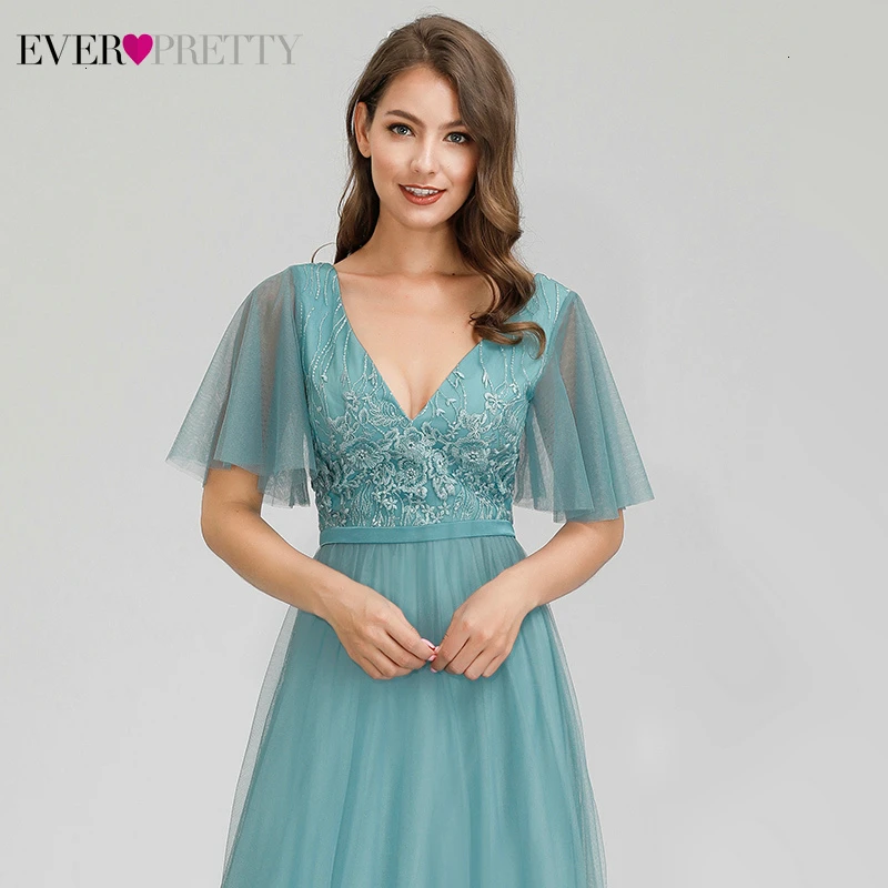 Illusion Blue Evening Dresses Ever Pretty A-Line Double V-Neck Ruffles Sleeve Appliques Tulle Elegant Long Party Gowns Vestido