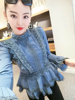 

2020 Spring And Autumn Women Shirts lady Clothing New Long-Sleeved Shirt Female Beaded Stitching Lace Bottoming Shirt