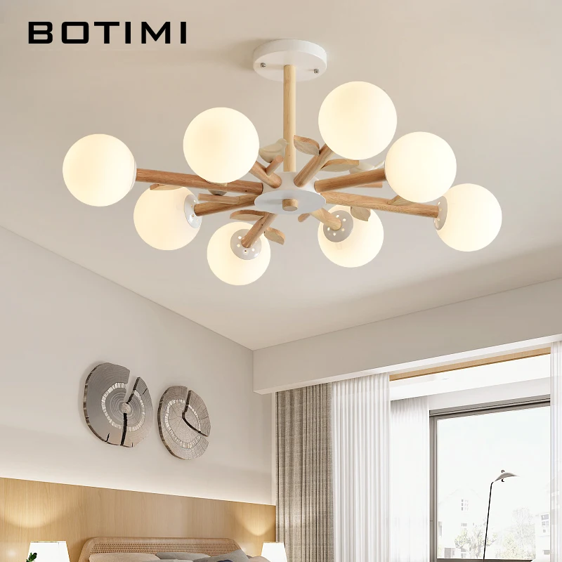 BOTIMI Natural Wood Chandelier With Round Glass Lampshades For FoyerBirds Wooden Bedroom Lighting Modern Hanging Dining Lamps