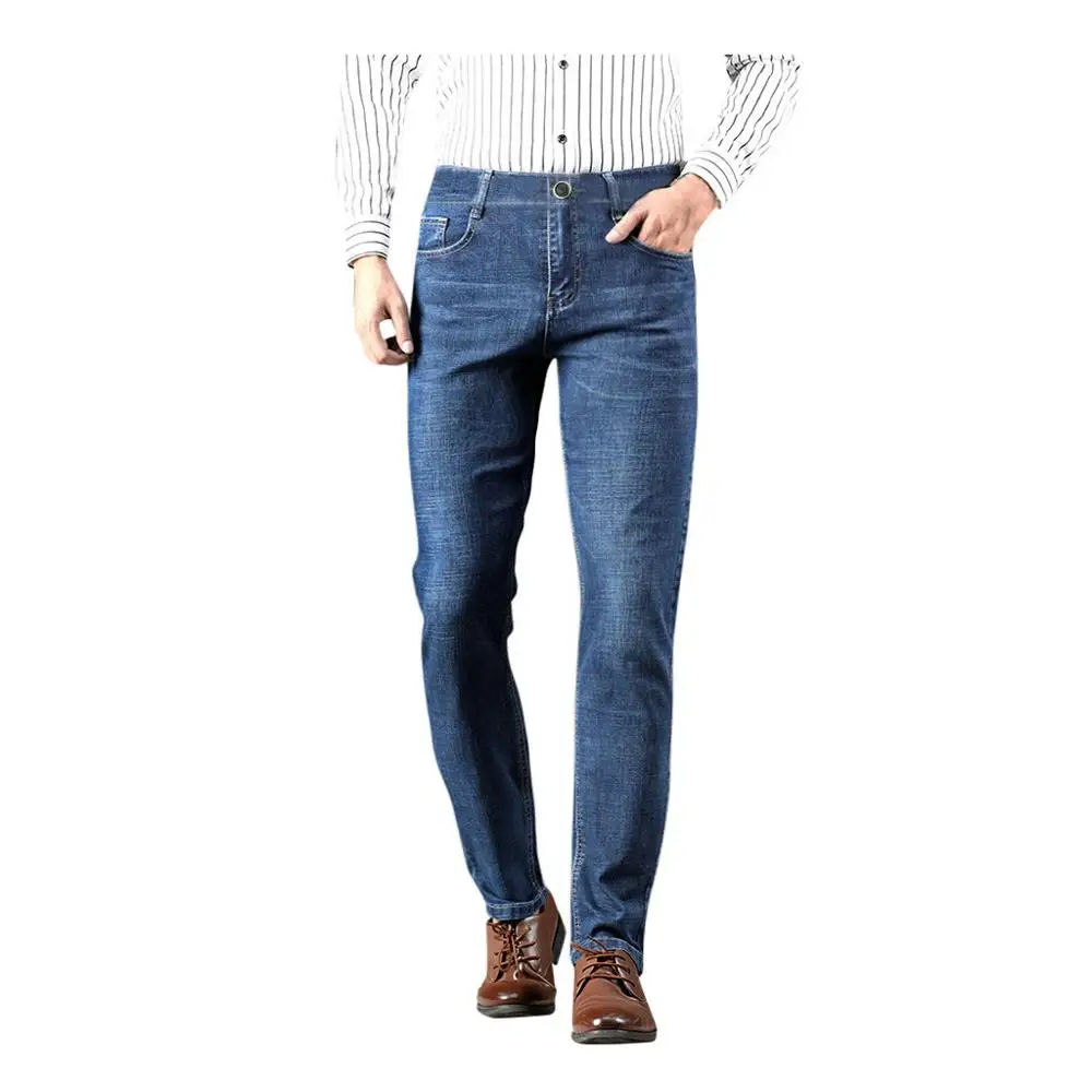 Синий Весна Осень Джинсы для мужчин бизнес тренд высокое качество Slim Fit прямые брюки мужские модные Смарт повседневные офисные хлопковые брюки 35 - Цвет: Синий