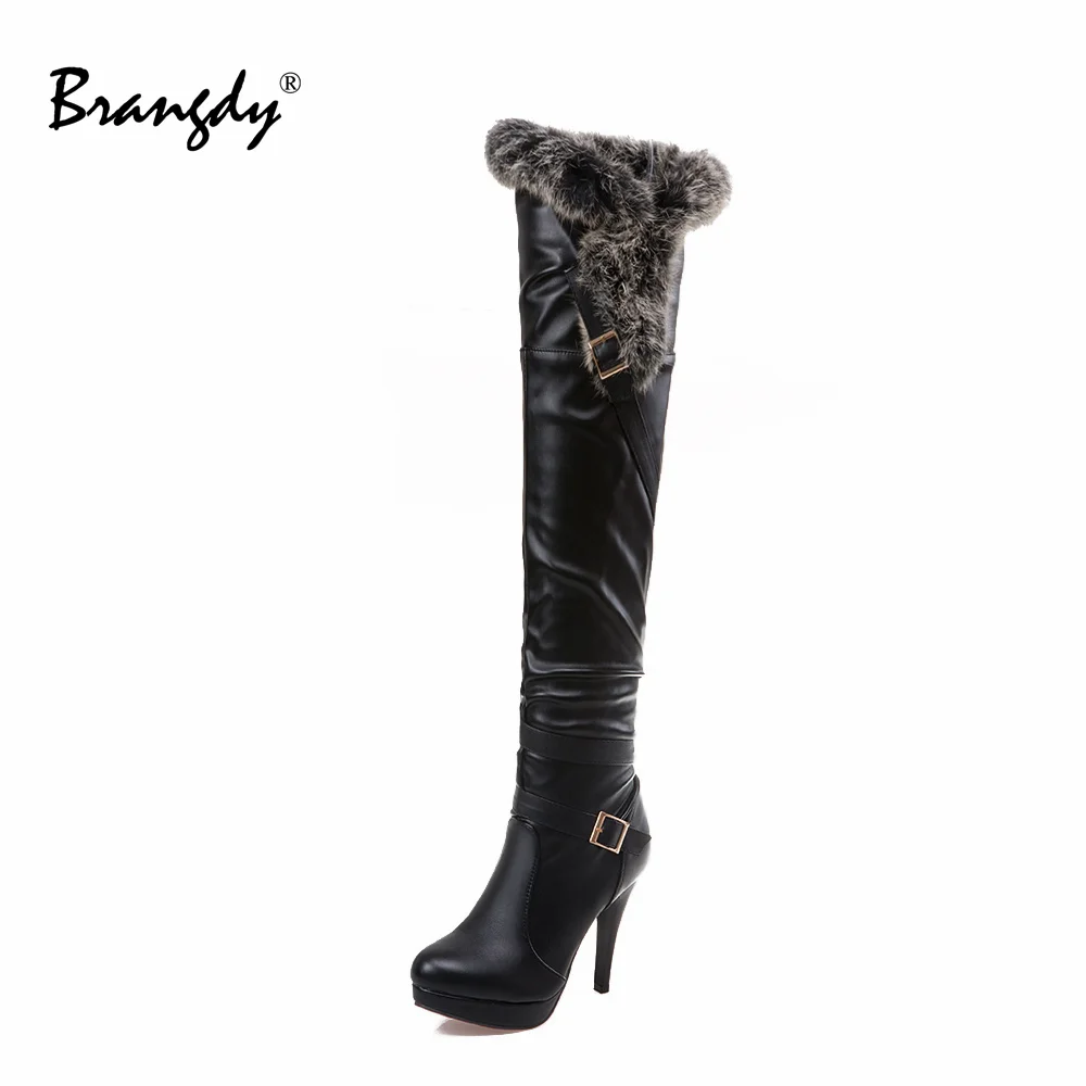 

Brangdy Sexy Women Over The Knee Boots PU Belt Buckle Women Shoes WomenThin Heels Pumps Round Toe Zipper Women Winter Boots Fur