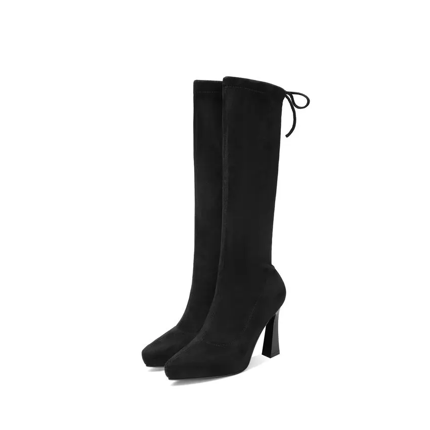 Black-short ESVEVA/ г.; элегантные сапоги до колена из флока со шнуровкой; модные теплые зимние женские сапоги на меху с острым носком на толстом каблуке; размеры 34-39 - Цвет: Black-short