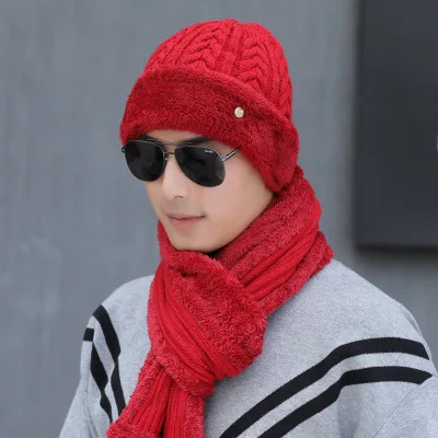 Мужская зимняя шапка и шарф набор для женщин мужской шарф-кольцо шапка мужская вязаная плюшевая шапка s теплая шапка 2 шт. комплект аксессуаров для взрослых - Цвет: Set red