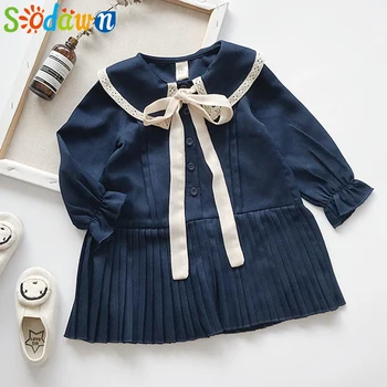 

Sodawn 2019 Spring New Baby Girls Dress Fashion Sweet Bow Round Neck Cuff Stitching Gauze Party Princess Dress Kids Clohting