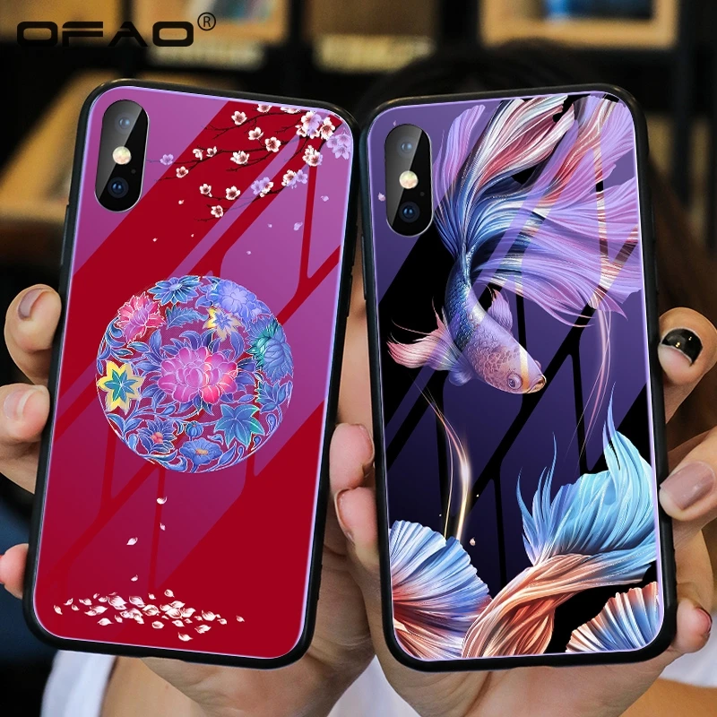 

For iPhone 11 Pro Max 2019 XS max XR X 8 7 6s Violet Light Luminous Glass Cases Night Shine koi Flower Luxury Cover Fundas Coque