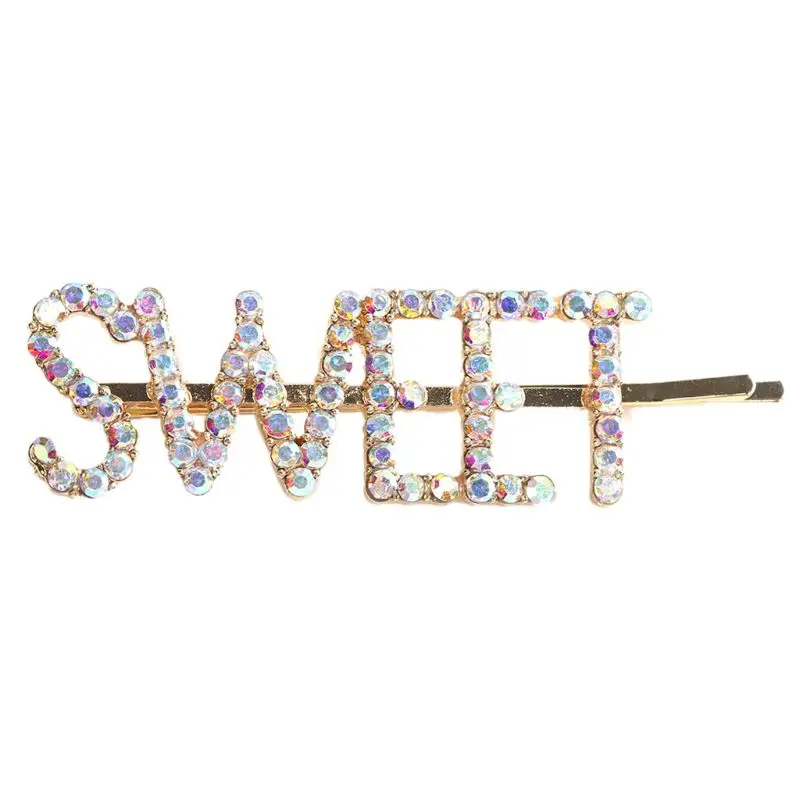 5Pcs Korean Colorful Glitter Rhinestone Hairpin Womens Sweet Sexy Letters Geometric Hair Clip Side Bangs Alloy Styling Barrettes