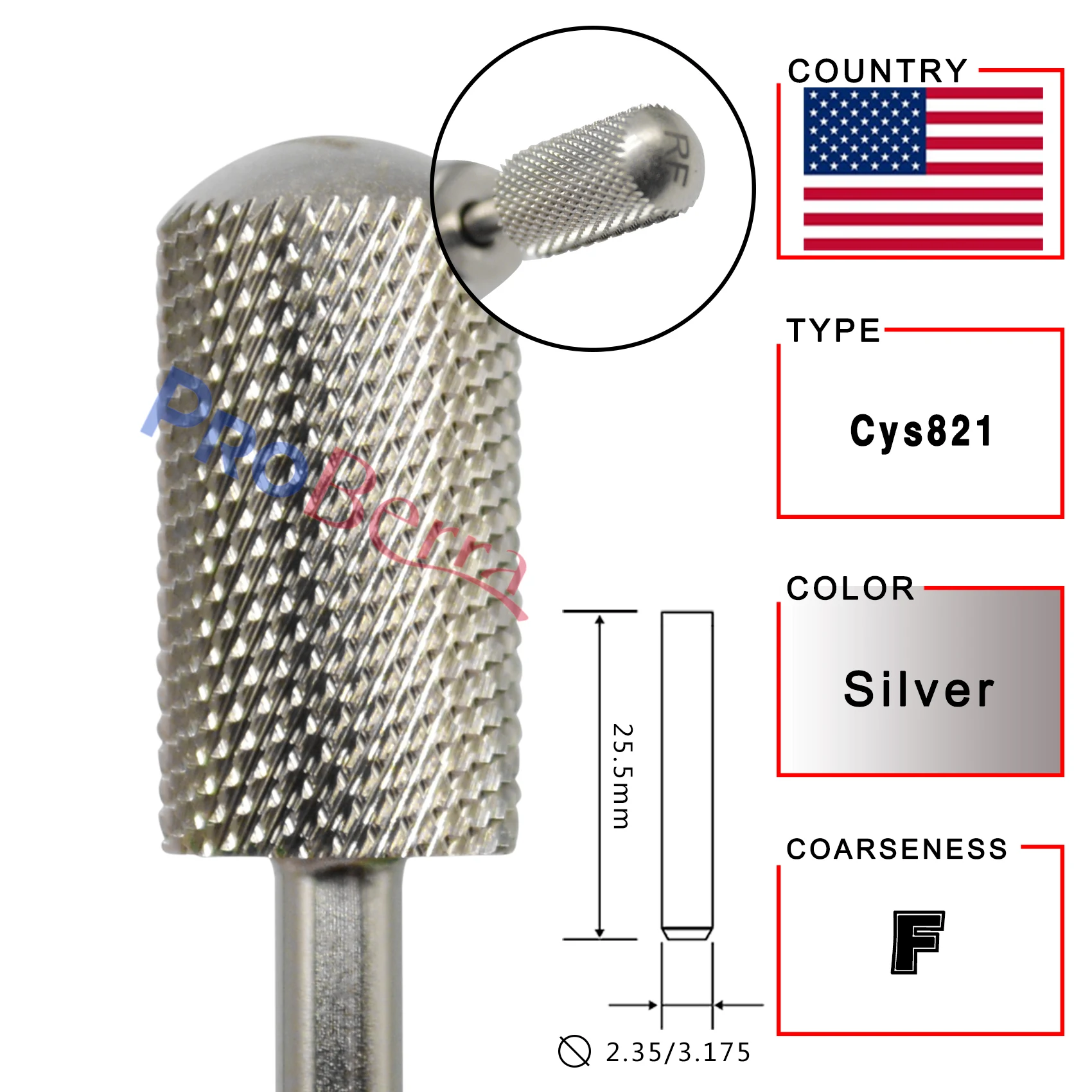 RolinStar 6.6 Silver Large Barrel Round Smooth top nail drill bits Milling Cutter manicure pedicure filing 5