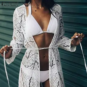 

2020 Plus Size ZANZEA Summer Women Casual Lace Up Long Cardigan Blouse Beach Bikini Covers Up Solid Shirts Kimono Vestidos 5XL 7