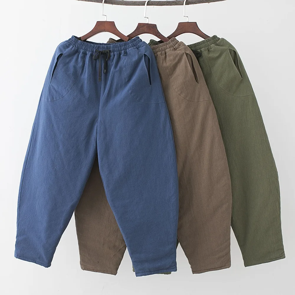 LZJN 2019 Winter Warm Men Thick Pants Double Layer Quilted Casual Pockets Male Winter Joggers Drawstring Cotton Linen Trousers (36)