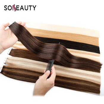 

Sobeauty 14"- 24" Tape In Human Hair Extensions Straight Machine Remy On Adhesive Invisible Pu Weft Extensions Balayage Color