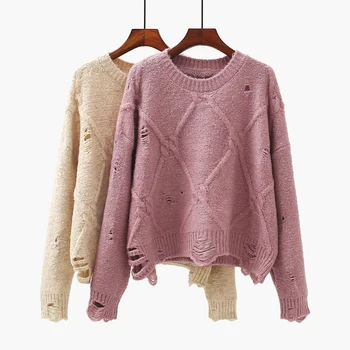 

casual hole knitted women sweater pullovers 2020 winter new long-sleeved loose pink female pullovers outwear coat tops