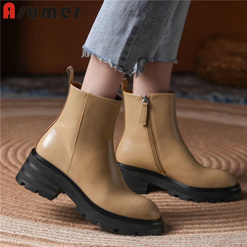 

Asumer 2022 New Zipper Ankle Boots Cow Leather Square Heels Autumn Winter Women Boots Ladies Shoes Solid Color Fashion Botas