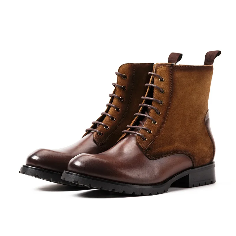

2019 Autumn Martin Boots Men's Fashion Men Boots High Quality Motorcycle Ankle Booties Genuine Leather Patchwork Lace Up Booties