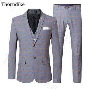 

Thorndike Gray Single Split Wedding Suit Men Notched Lapel Plaid Formal Business Men Suits Elegant Slim Grooms Tuxedos Best Men