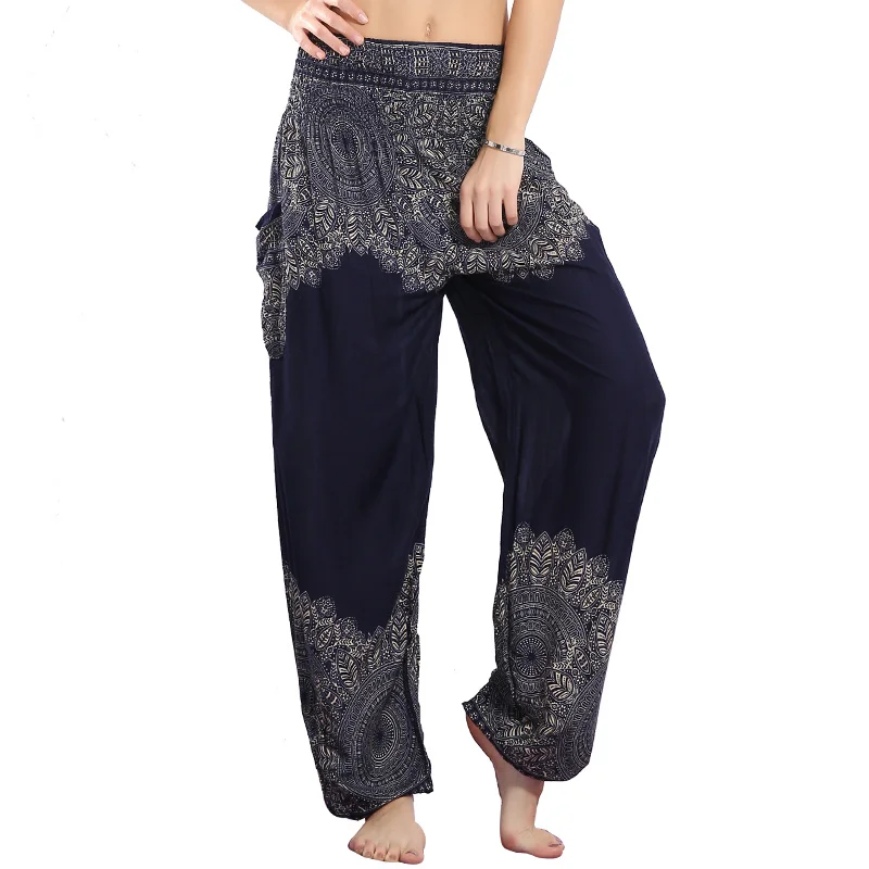 Print 2 Navy CHLEISURE 10 Цветов Летний Пляж Чешские Женские Брюки Высокой Талии Шаровары Плюс Размер Свободной Печати Шаровары Брюки Женщин - Цвет: Print 2 Navy