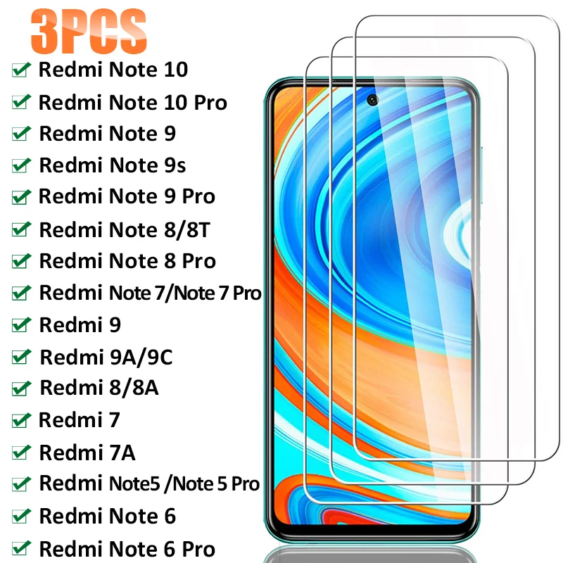 3PCS Protective Glass For Xiaomi Redmi Note 10 9 8 7 Pro 9S 8T 5 6 Screen Protector 9A 9C 8A 7A | Мобильные телефоны и