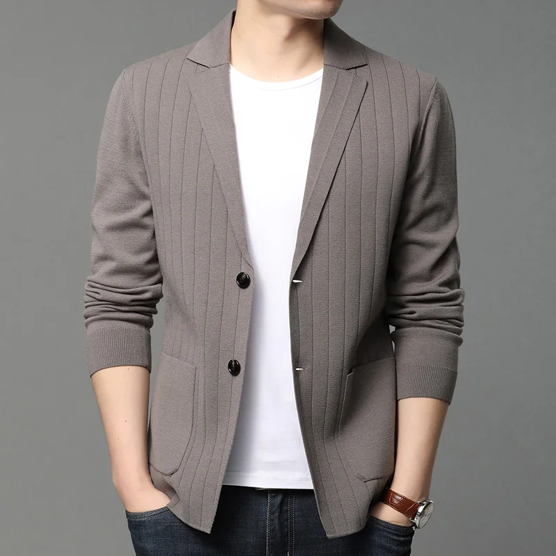 

Style Brand Casual Fashion Slim Fit Stripe Classic Suit Men Knitted Cardigan Jacket Korean Blazer Coats Men Clothing
