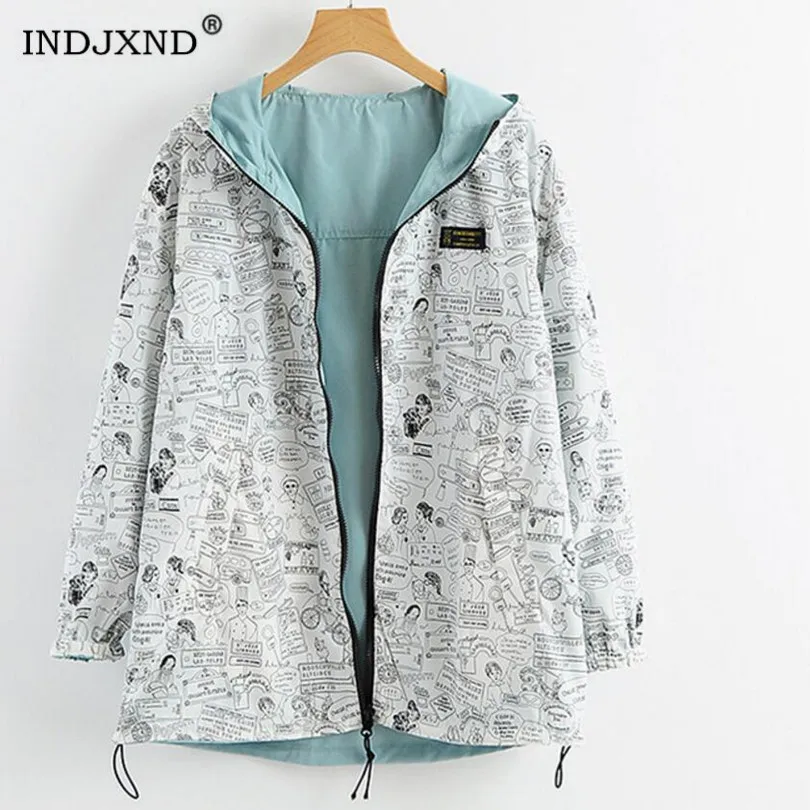 Bomber Jacket Pocket Zipper Hooded Two Side Wear Cartoon Print Outwear Loose
