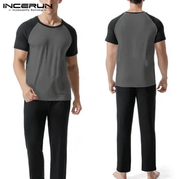 

INCERUN 2020 Men Sets Patchwork Workout Short Sleeve T Shirt Long Pants Homewear Suit Bodybuilding Casual Soft Men 2 Pieces Sets