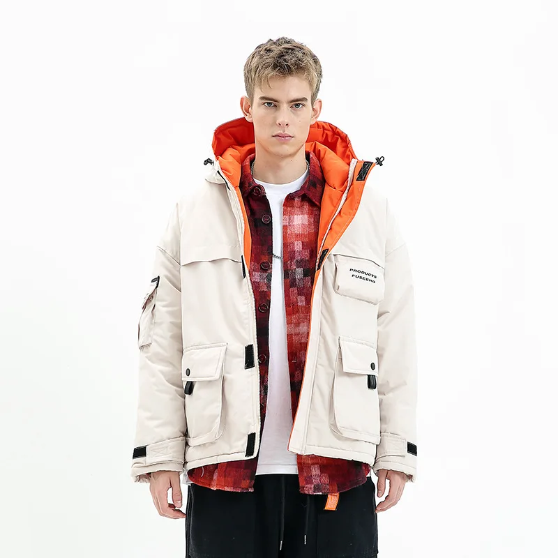 

Hooded Vintage Winter Jacket Men Padding Black White Cargo Parka Warm Coat Pocket Casual Streetwear Thick Men Clothing AA50MF