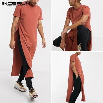 

INCERUN Fashion Men's T Shirt Extended Round T-Shirt Male Loose Irregular Tops Summer Split Long Tees Urban Blank Streetwear 5XL