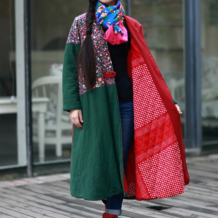 

Chuan shuo zhi yi New Style Listed Winter High Quality Cotton Linen Frog Patchwork Long Coat Cotton-padded Clothes D514