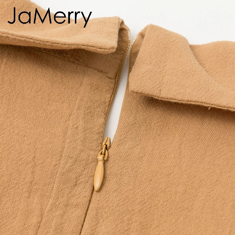 JaMerry Vintage cotton linen women jumpsuit romper Elegant work wear sash belt female jumpsuit Long sleeve office lady overalls