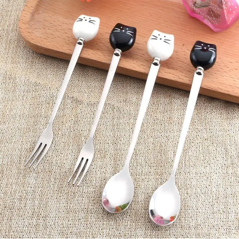 Ceramic Cat Coffee Spoon Cartoon Spoon Stainless Steel Handle Tea Spoon White 