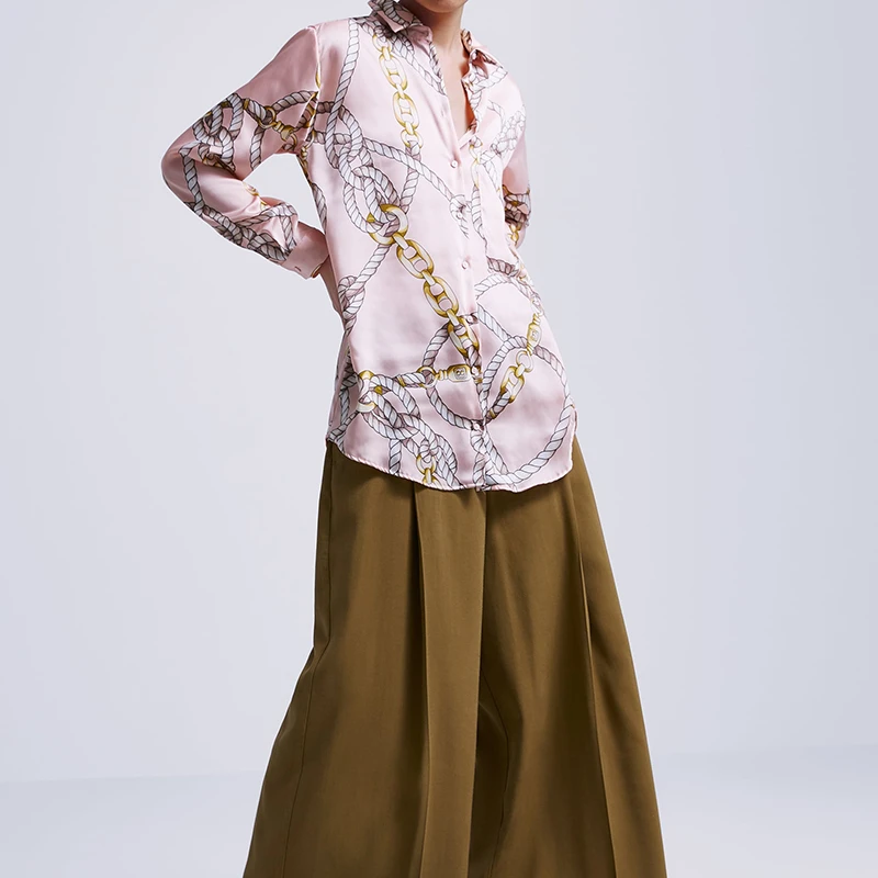 

SHENGPALAE Vintage Chain Printing Blouse Long Sleeve Turn-down Collar 2019 Summer Spring Loose Korean Fashion Women Shirt FN250