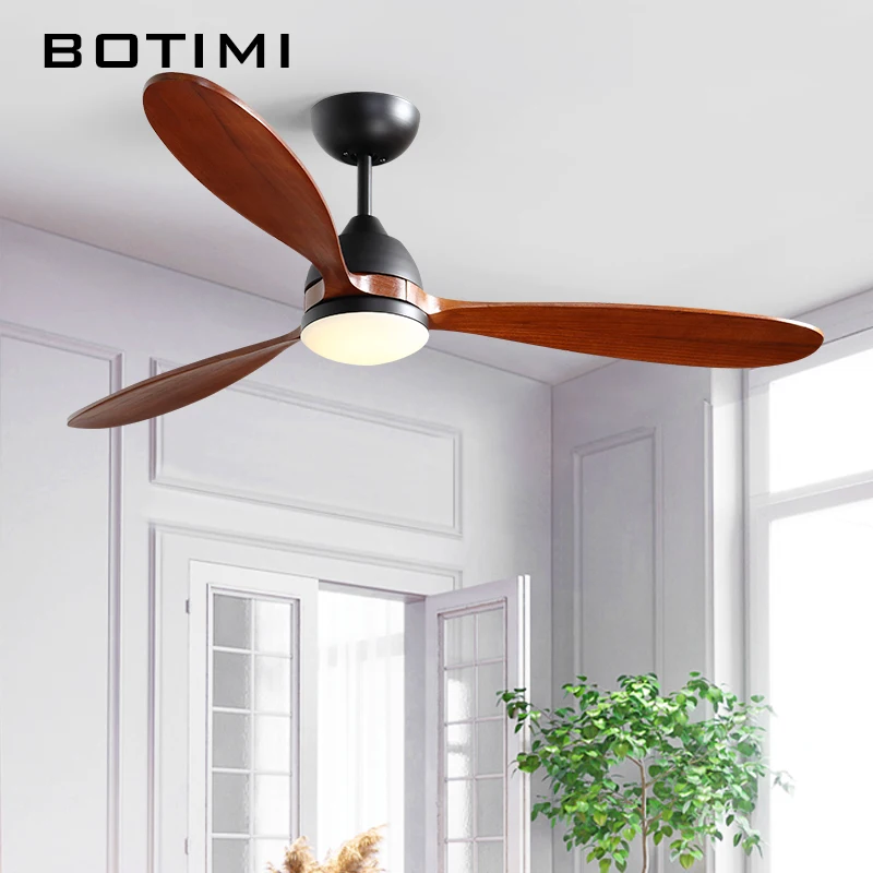 

BOTIMI LED Solid Wood Ceiling Fan With Lights For Living Room White Electric Fan Dining Room Black Bedroom Motor Cooling Lamps
