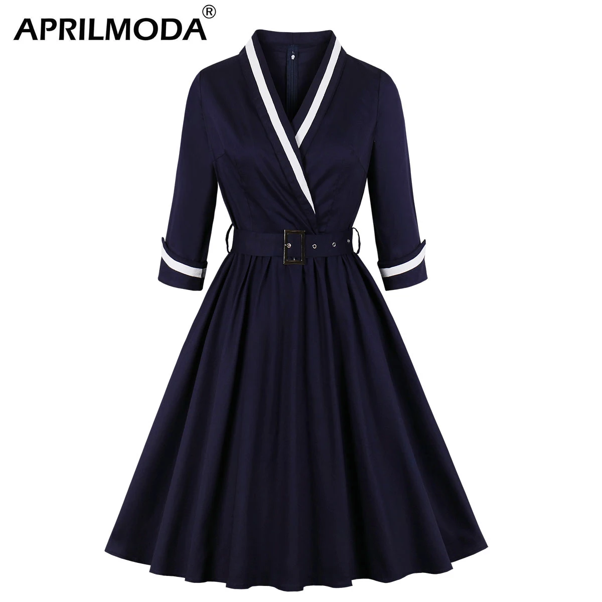 

Women Blue Vintage Dress Plus Size 4XL Long Sleeve V Neck Belt Party Dress Elegant Pinup A Line Swing Sexy Formal Dress Vestidos