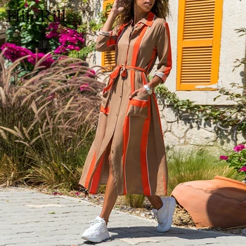 

Women Striped Patchwork Dress Fashion Turn Down Collar Long Sleeve Shirt Dress Summer Spring Sashes Pockets Mid Length Sundress