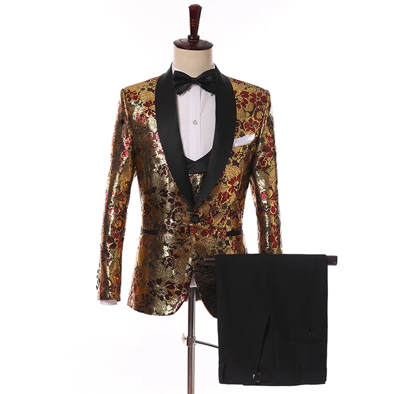 

Slim fit floral Men Suits for Prom Party with Shawl Lapel 2020 3 piece Man Suit Set Jacket with Black Pants New Groom Tuxedos