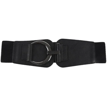 

Woman Hook Buckle Faux Leather Elastic 6cm Wide Band Belt Black