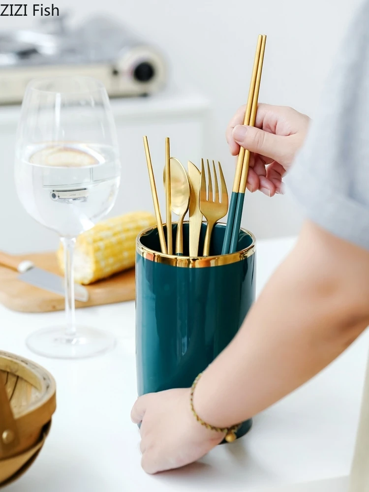 Ceramic Gem Green Chopsticks Canister Ceramic Household Moldproof Kitchen Utensils Cutlery Chopsticks Drain Basket Storage Rack