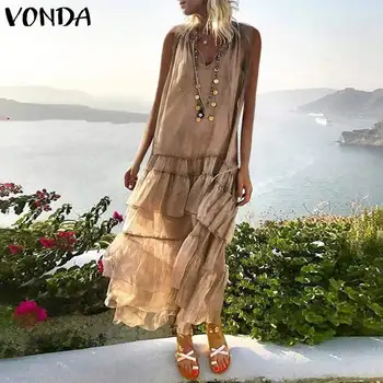 

VONDA Summer Sleeveless Dress 2020 Women Sexy V Neck Beach Vestidos Transparent Casual Loose Solid Color Beach Sundress S-5XL
