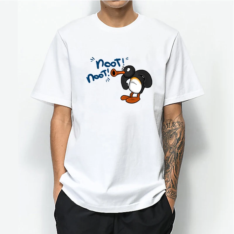 

Summer Men Tops Funny Print Noot Noot Pingu T-shirt Casual Short Sleeve 100% cotton Tshirt White Fashion Tshirt Male Clothing