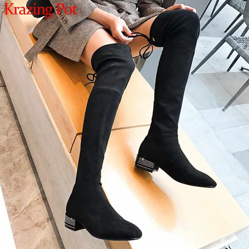 

Krazing Pot streetwear crystal heels stretch flock long boots round toe med heels winter warm women lace up thigh high boots L85