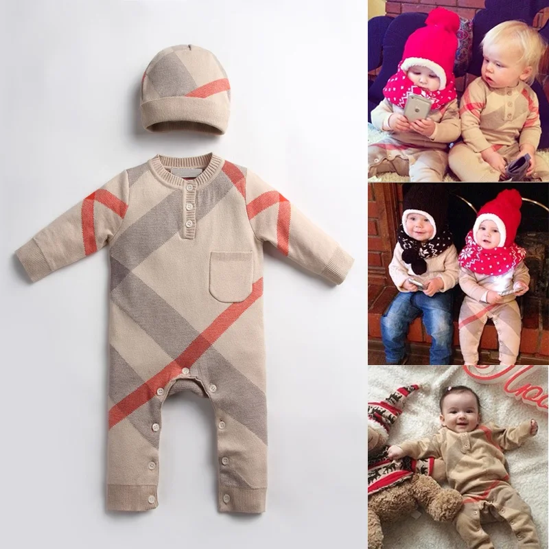 Одежда для новорожденных комплект с длинными рукавами на зиму, осень и весну, Комбинезоны на возраст от 0 до 3 месяцев, вязаные комбинезоны в клетку, Вязаная хлопковая одежда шапка