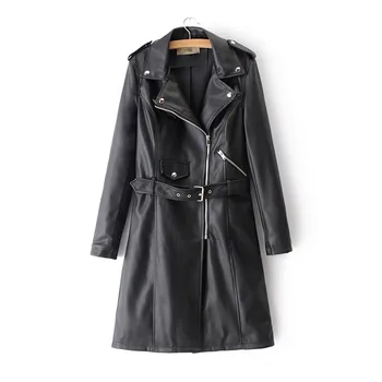 

Fitaylor Autumn Winter New Women Biker Leather Jacket Lapel Vintage Pu Long Design Leather Coat Belt Slim Pocket Leather Jackets