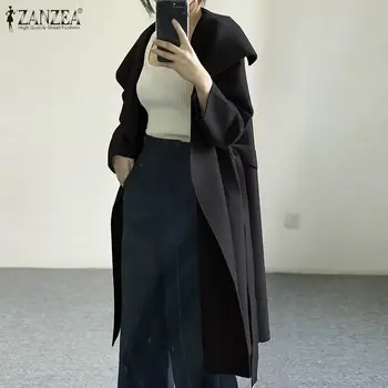 

ZANZEA 2020 Fashion Women Coats Winter Lapel Neck Long Jackets Outwear Casual Long Sleeve Overcoats Belt Loose Pockets Chaqueta